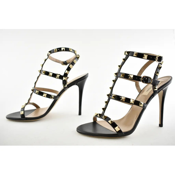 Valentino Rockstud 105 Black Patent Stud Caged Ankle Strap Sandal Heel Pump 40.5 - Picture 9 of 11